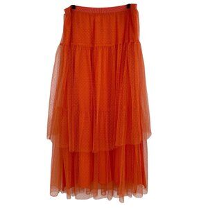 Anthropologie Size XL Orange Evelyn Tulle Midi Skirt Pull On Tiered